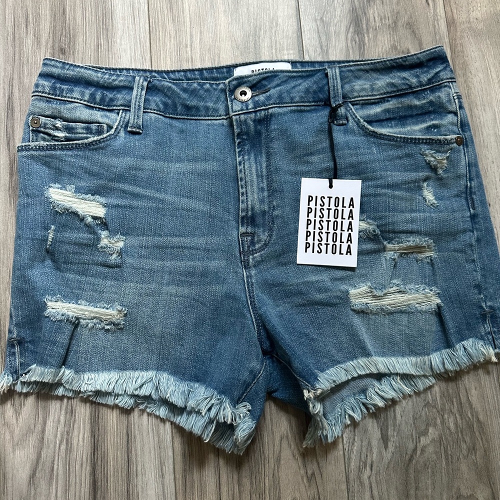NWT Pistola Quinn Women's Distressed Frayed Denim Shorts Let it Ride Blue 30